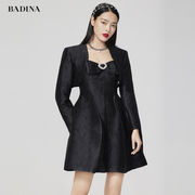 芭蒂娜黑色灯笼连衣裙，女2022春季收腰显瘦原创设计a字中长裙