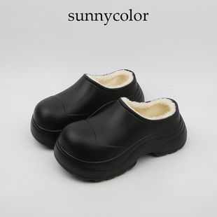 sunnycolor棉拖鞋女秋冬季外穿大头时尚，百搭厚底加绒保暖棉鞋