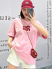 欧洲站字母图案短袖T恤女夏中长款韩版2023宽松简约粉色上衣