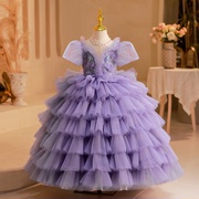 儿童生日晚礼服紫色公主，裙子女大童走秀主持人，演出服蓬蓬纱蛋糕裙
