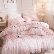 夏季粉色全棉100四件套公主风纯棉少女心被套床裙款ins风床上用品