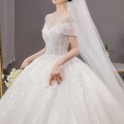 白色法式主婚纱2024新娘大拖尾奢华一字肩气质法式质感小个子礼服