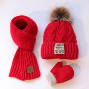 三件套秋冬儿童加绒毛线帽男女童围巾手套婴儿加厚保暖套头针织帽