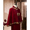 毛绒披肩婚礼妈妈旗袍，冬季外搭复古简约高级酒红色春秋外套喜婆婆