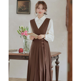 新中式女装国风套装春季改良咖色背带裙，长袖衬衫级感两件套裙子