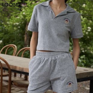 花灰色时髦复古学院风毛巾布短袖上衣短裤套装LOOSER运动休闲系列
