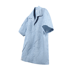 「OCEANBACCA」SS23/ 2.0水洗粉笔蓝多省褶皱翻领牛仔短袖衬衫