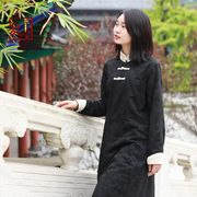 黑色加绒袍子中国风盘扣连衣裙禅意气质复古保暖改良茶服旗袍