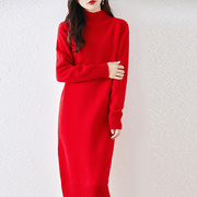 高货秋冬圆领中长款红色羊毛衫，女宽松针织，连衣裙时尚百搭打底