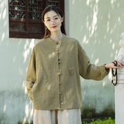 中式棉麻女装彩色盘扣，衬衫文艺亚麻，上衣茶服女禅意中山装国风开衫