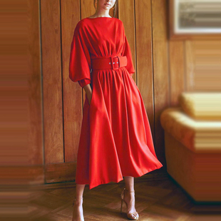 欧洲站明星同款高级女装春季时尚气质收腰橘红色，中长款连衣裙