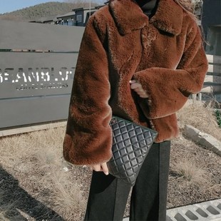 2023秋冬韩版女夹克ins上衣外套，仿兔毛皮草，短款方领加厚长袖