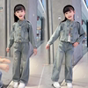 女童韩版蓝色牛仔套装2024春季中大童港味洋气外套高腰裤两件套潮