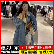 冬季bf风羊羔毛牛仔(毛，牛仔)外套女中长款过膝宽松加绒加厚保暖棉服大衣潮