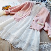 甜美女童珍珠毛衣+蕾丝连衣裙两件套儿童韩版公主裙套装 秋季