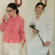 mintcheese法式复古优雅浪漫花边领质感棉，衬衫蜜桃粉白