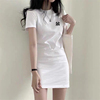 mlbguny韩国纯棉白色，短袖t恤裙女中长款小个子连衣裙百搭a字裙潮