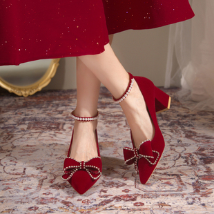 红色婚鞋高跟秀禾服婚纱两穿结婚鞋订婚中式粗跟秋冬一字带新娘鞋