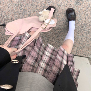 桃沢川哥哥家原创正版，烟灰粉色jk制服粉格裙小格子黑粉短裙