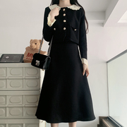 黑白撞色假两件外套半身裙两件套潮秋季优雅赫本小香风套装女