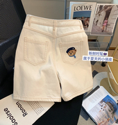 csvq小熊刺绣白色牛仔短裤，女夏季韩版百搭高腰，阔腿直筒裤子