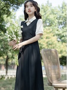 夏季短袖假两件连衣裙少女学生气质通勤上班族，小黑裙连衣裙子