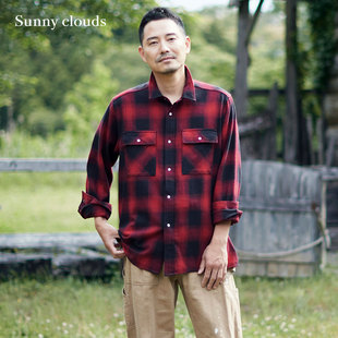 秋季 桑妮库拉/Sunny clouds 男式纯棉红黑格子衬衫