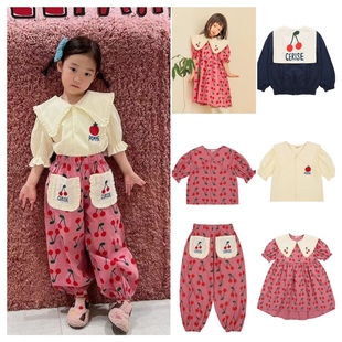 韩国童装ins风婴儿宝宝，男女童米白色翻领，衬衣樱桃防蚊裤