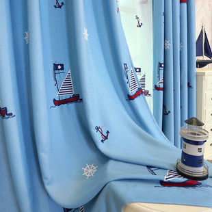 定制地中海蓝色帆船卡通窗帘棉麻，刺绣花纱成品加厚遮光布料儿童房