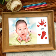 宝宝手足印周岁漫画相框婴儿满月百日百天平安喜乐手脚印纪念摆件
