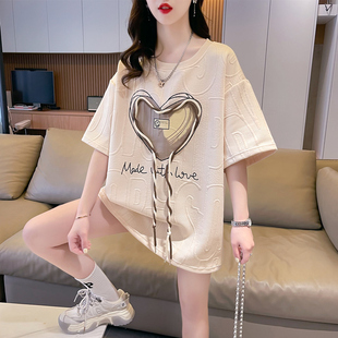 华夫格短袖t恤女夏装韩版宽松大码中长款小众设计感小个子上衣潮