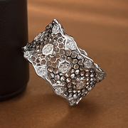 珠宝2023黑蕾丝戒指S925银镂空网状食指戒女款欧美风宽版