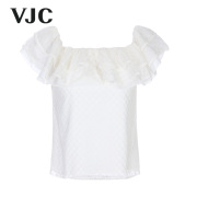 vjc威杰思春夏女装，白色法式蕾丝荷叶，边短款气质无袖上衣