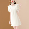 诗绪品牌白色高级感连衣裙，女夏季2023年荷叶边钉珠气质中长裙