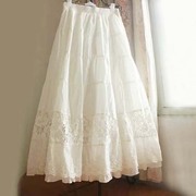 2024春夏季韩版森女森林系，棉布蕾丝刺绣镂空荷叶边白色半身裙长裙
