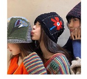 韩国小众设计手工宋旻浩同款保暖毛线帽百搭花朵贴布拼接渔夫帽女