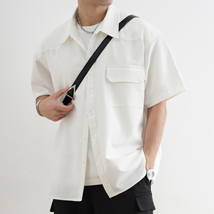 shijoin原创米白色短袖工装，衬衫tr混纺，翻领宽松落肩男上衣200128