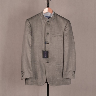 格罗尼亚浅灰色中华立领套装西服羊毛亚麻，春秋中式西装外套男