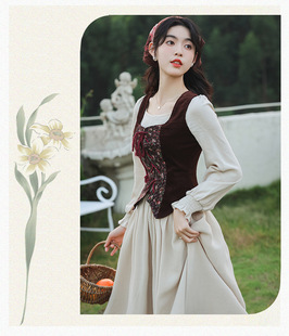 法式田园风花卉套装复古森系叠穿长袖中腰连衣裙小众设计感长裙