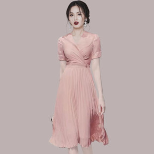2021夏季韩版性感收腰显瘦雪纺，长裙气质短袖假两件百褶大摆连衣裙