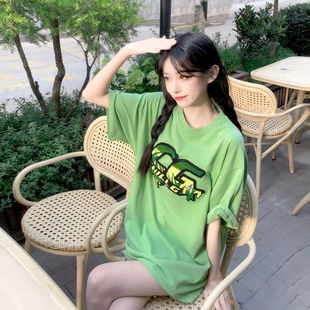 国潮牌美式复古短袖纯棉上衣ins荧光绿T恤女夏季别致显白半袖