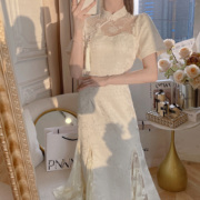 白玉月光新中式旗袍连衣裙短袖收腰显瘦性感网纱长裙2024夏季裙子
