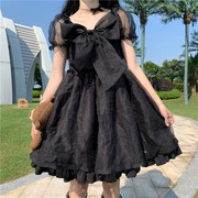 减龄蝴蝶结短袖连衣裙女夏季2023韩版设计感收腰显瘦蓬蓬裙潮