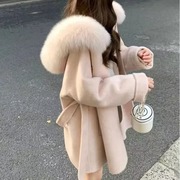 法式气质浅粉色呢子，大衣秋冬时髦高级大毛领领连帽外套ly033