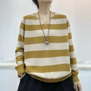 dm8011韩版v领条纹，宽松时尚百搭长袖毛衣，2024气质套头针织衫