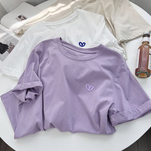 温柔紫色正肩纯棉短袖t恤女夏季简约刺绣，设计感小众宽松休闲上衣