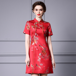 枝荔新中式红色旗袍裙，短款国风提花a字连衣裙短袖2024年夏季