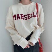 韩国chic秋季小众设计不规则领口工艺字母宽松百搭长袖套头卫衣女