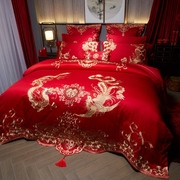 红色被套婚庆四件套全棉结婚床上用品大红婚嫁刺绣龙凤喜被十件套