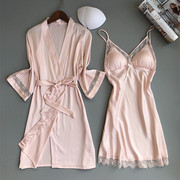 性感睡衣女带胸垫聚拢小胸吊带粉色睡裙夏季冰丝绸蕾丝薄款可外穿